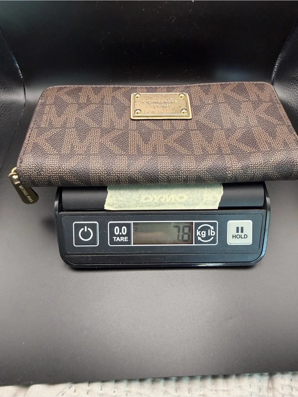 Michael Kors Brown MK Logo Zip Wallet with Gold Plate